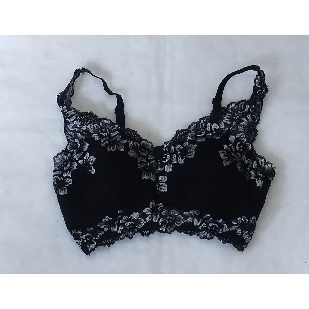 Black Silver Floral Lace Longline Bralette Adjustable Straps Scalloped Trim M